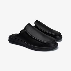 LUSSO Esto Black Smooth Leather Unisex Slides / Slippers